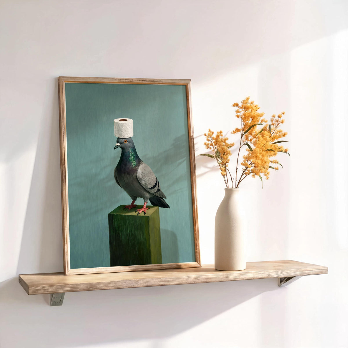 Funny pigeon wall art leaning on shelf beside dried flowers, vintage teal background, frame shown not included