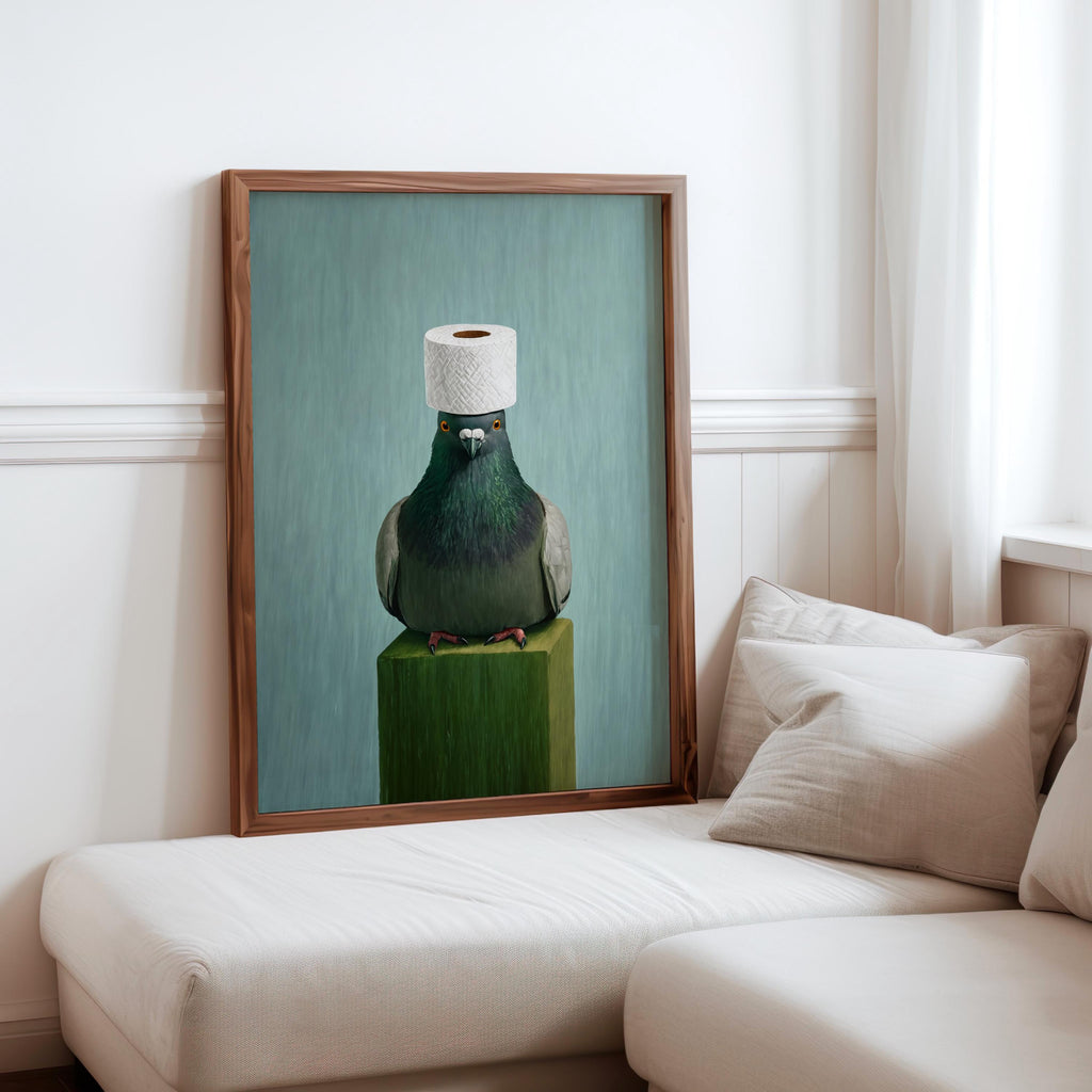 Leaned print beside a sofa, calm teal background and earthy pedestal, surreal bathroom art print with deadpan wit