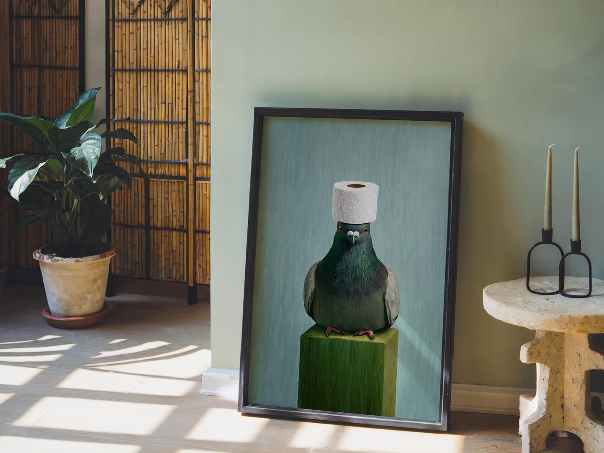 Floor-level styling with sunlight and houseplants, green-gray pigeon portrait, weird animal art print for gift