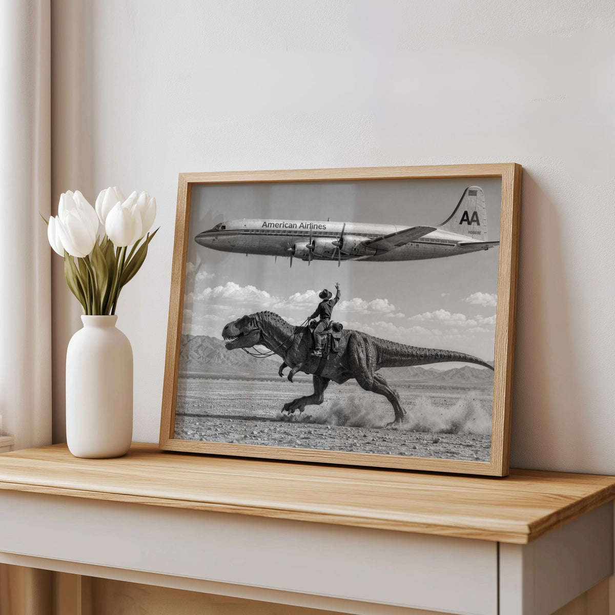Vintage Cowboy Riding Dinosaur Poster, Retro Western Art Print, Surreal T-Rex in Desert, 1950s American Airlines Airplane Wall Decor