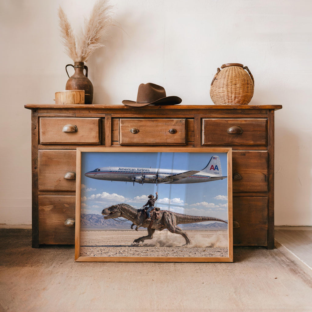 Vintage Cowboy Riding Dinosaur Poster, Retro Western Art Print, Surreal T-Rex in Desert, 1950s American Airlines Airplane Wall Decor