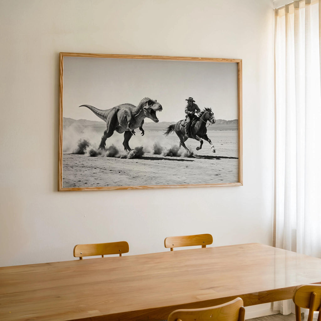 Cowboy Riding from Dinosaur Print, Vintage Western Fantasy Wall Art, Black and White 1950s Photography Poster, Funny Hunting Photo