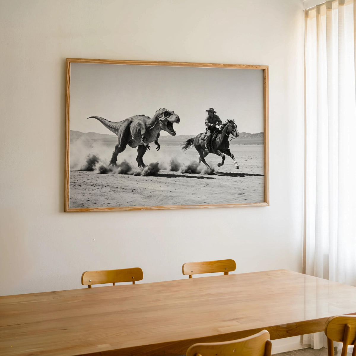 Cowboy Riding from Dinosaur Print, Vintage Western Fantasy Wall Art, Black and White 1950s Photography Poster, Funny Hunting Photo