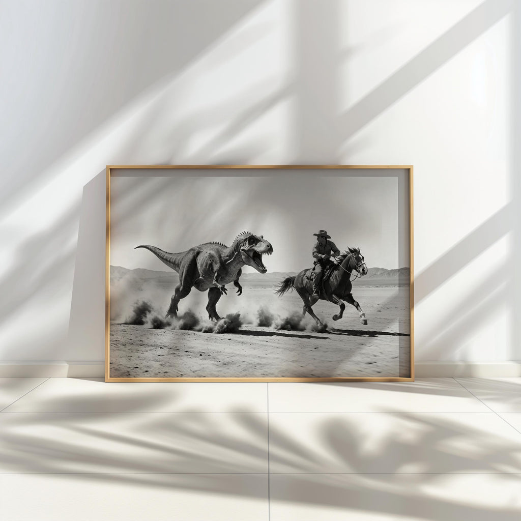 Cowboy Riding from Dinosaur Print, Vintage Western Fantasy Wall Art, Black and White 1950s Photography Poster, Funny Hunting Photo