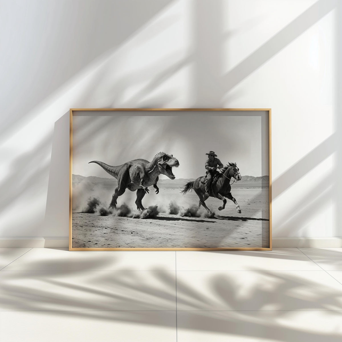 Cowboy Riding from Dinosaur Print, Vintage Western Fantasy Wall Art, Black and White 1950s Photography Poster, Funny Hunting Photo