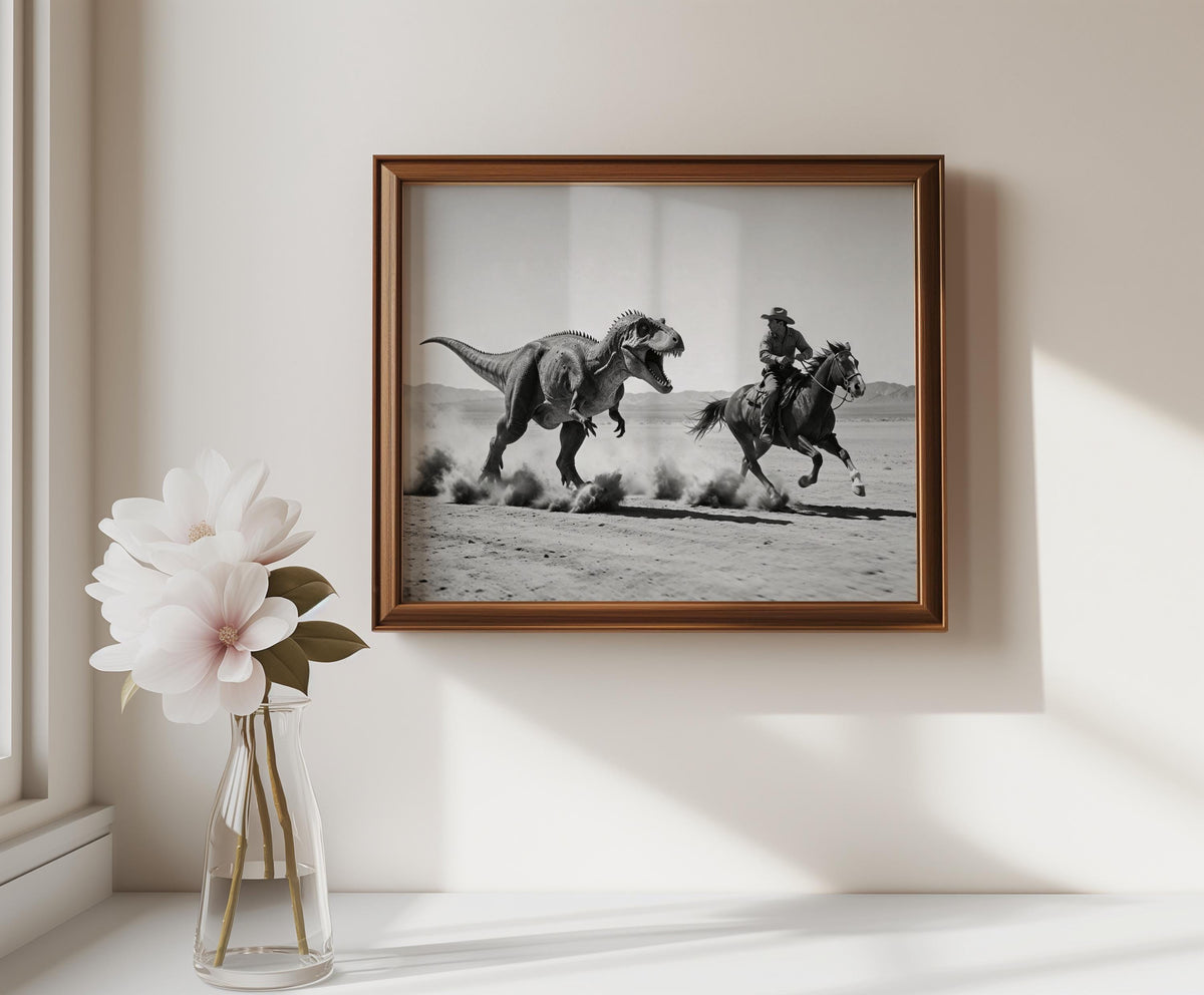 Cowboy Riding from Dinosaur Print, Vintage Western Fantasy Wall Art, Black and White 1950s Photography Poster, Funny Hunting Photo