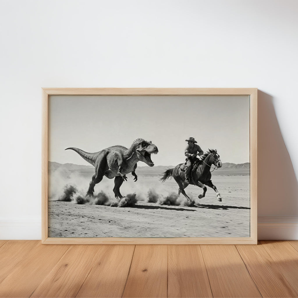 Cowboy Riding from Dinosaur Print, Vintage Western Fantasy Wall Art, Black and White 1950s Photography Poster, Funny Hunting Photo