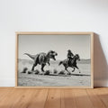 Cowboy Riding from Dinosaur Print, Vintage Western Fantasy Wall Art, Black and White 1950s Photography Poster, Funny Hunting Photo