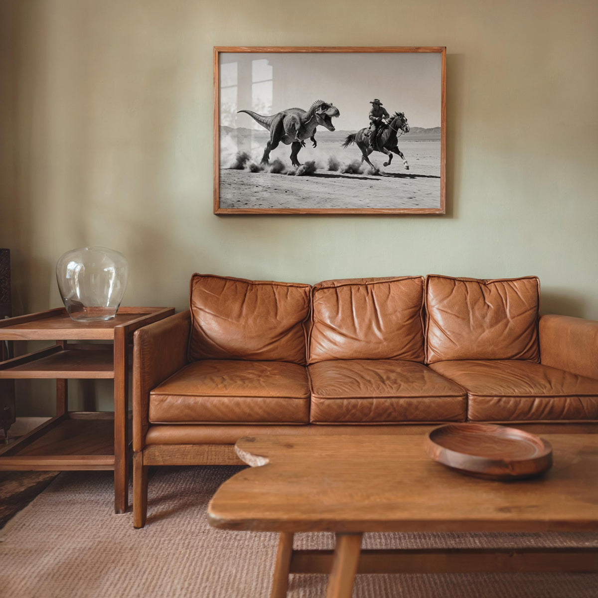 Cowboy Riding from Dinosaur Print, Vintage Western Fantasy Wall Art, Black and White 1950s Photography Poster, Funny Hunting Photo