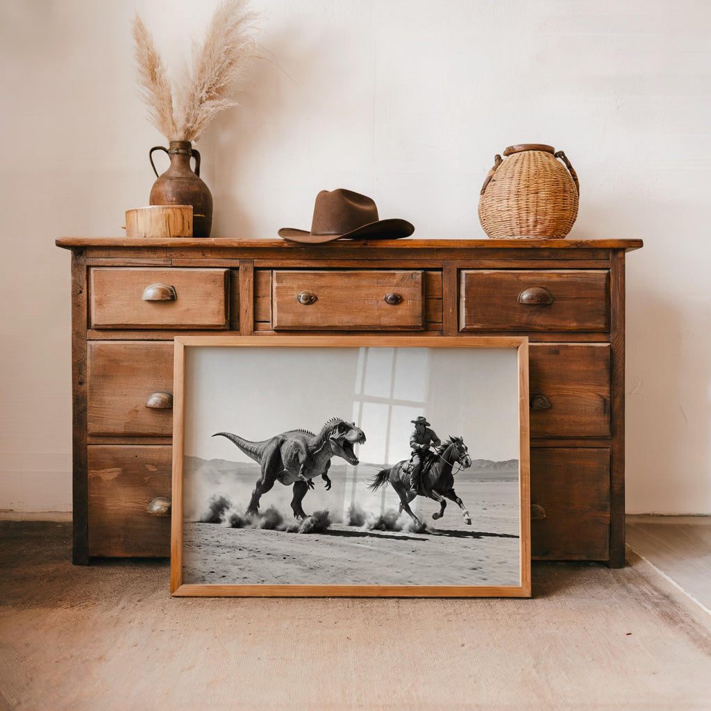 Cowboy Riding from Dinosaur Print, Vintage Western Fantasy Wall Art, Black and White 1950s Photography Poster, Funny Hunting Photo