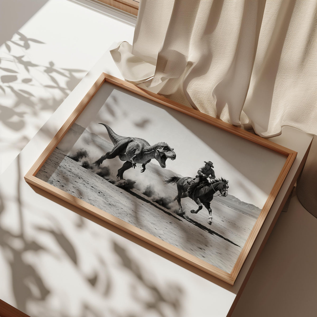 Cowboy Riding from Dinosaur Print, Vintage Western Fantasy Wall Art, Black and White 1950s Photography Poster, Funny Hunting Photo