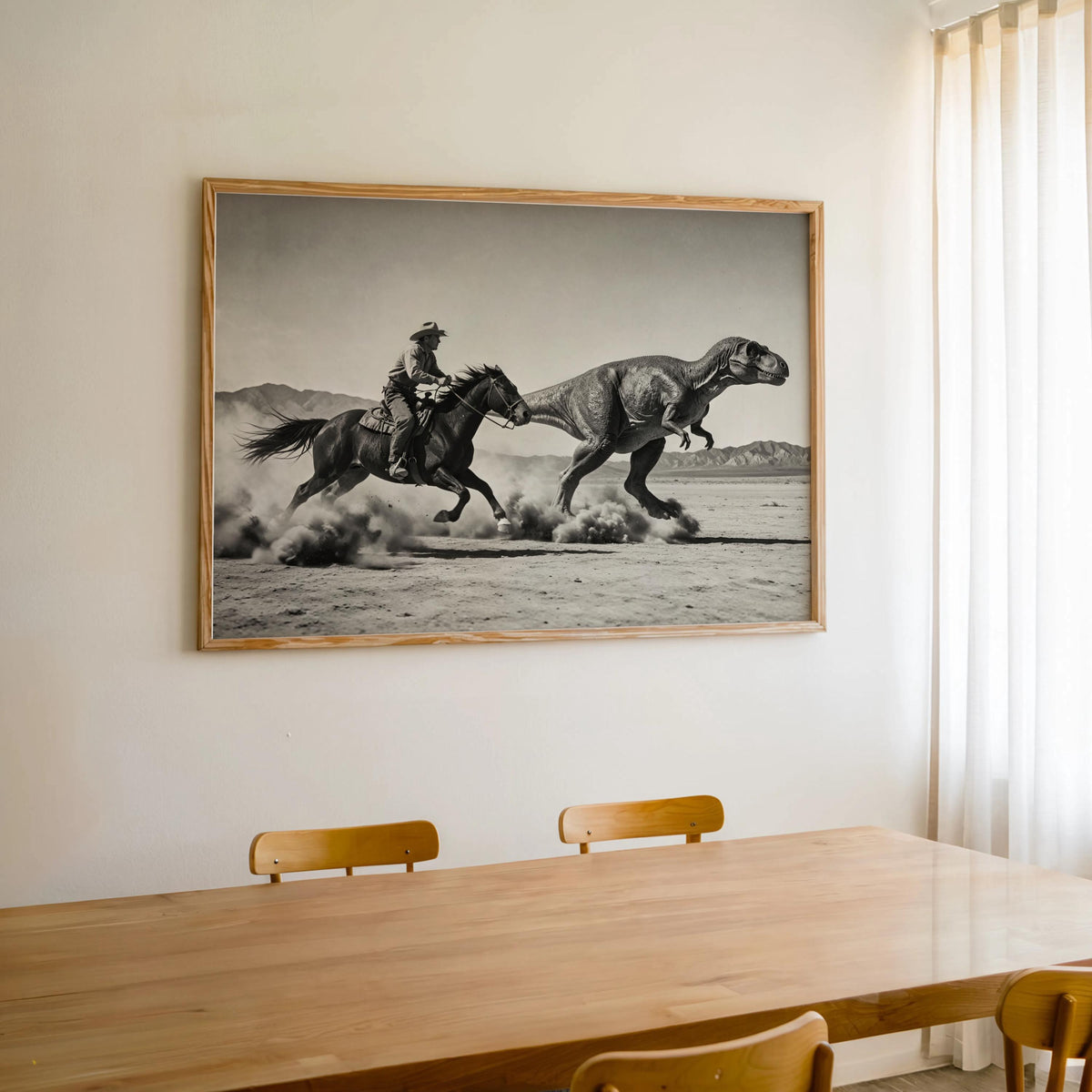 Large framed dinosaur cowboy wall art hung above a dining table, soft daylight, vintage western dinosaur art styling