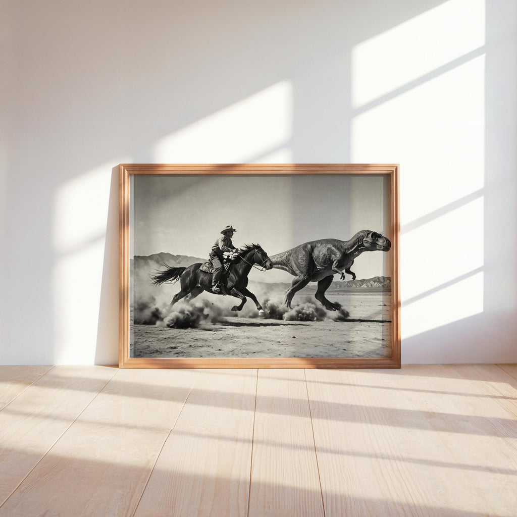 Sunlit floor vignette with framed dinosaur cowboy wall art leaning, long shadows, wooden frame and open wilderness feeling