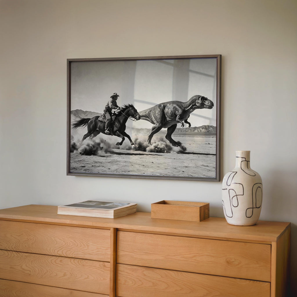 Centered framed vintage dinosaur print above a dresser, neutral ceramics and modern styling, nostalgic cowboy dinosaur print
