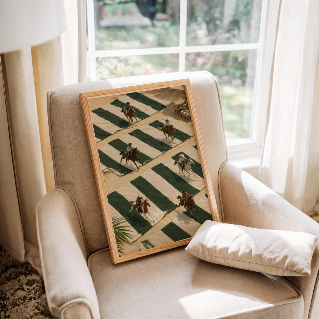 Tiny Cowboys at Beach Poster, Western Summer Decor, Coastal Equestrian Wall Art, Green Striped Towel Print, Country Rodeo Inspired Gift