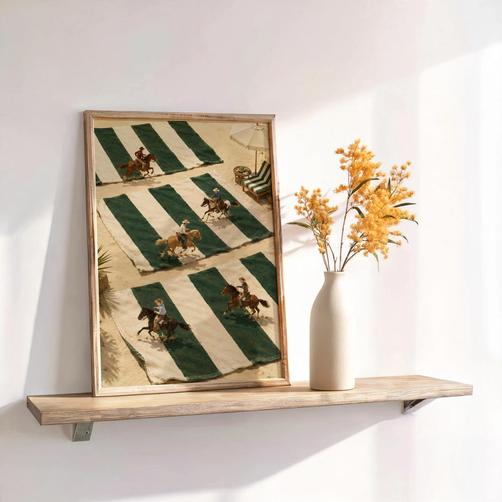 Tiny Cowboys Riding Horses Poster, Western Home Decor, Coastal Summer Style, Green and White Striped Print, Preppy Country Gift Wall Art
