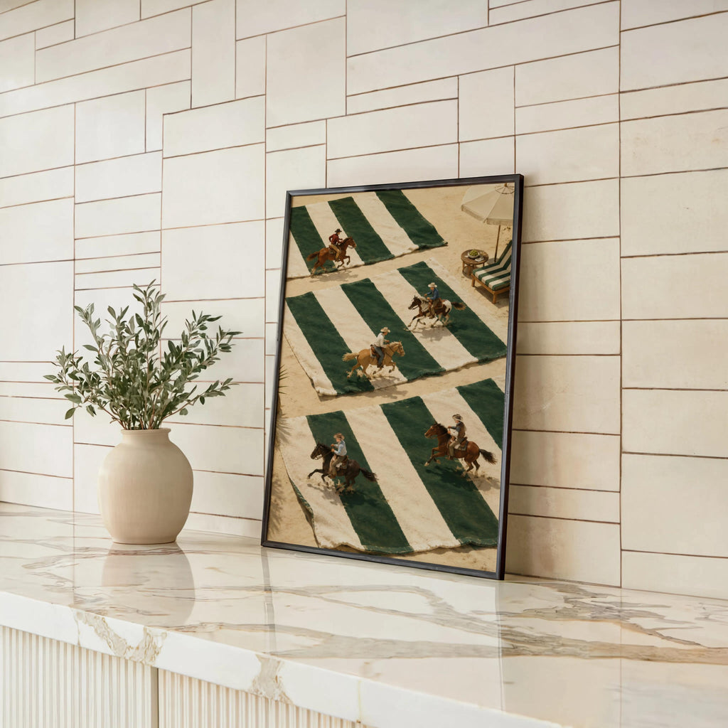 Tiny Cowboys Riding Horses Poster, Western Home Decor, Coastal Summer Style, Green and White Striped Print, Preppy Country Gift Wall Art