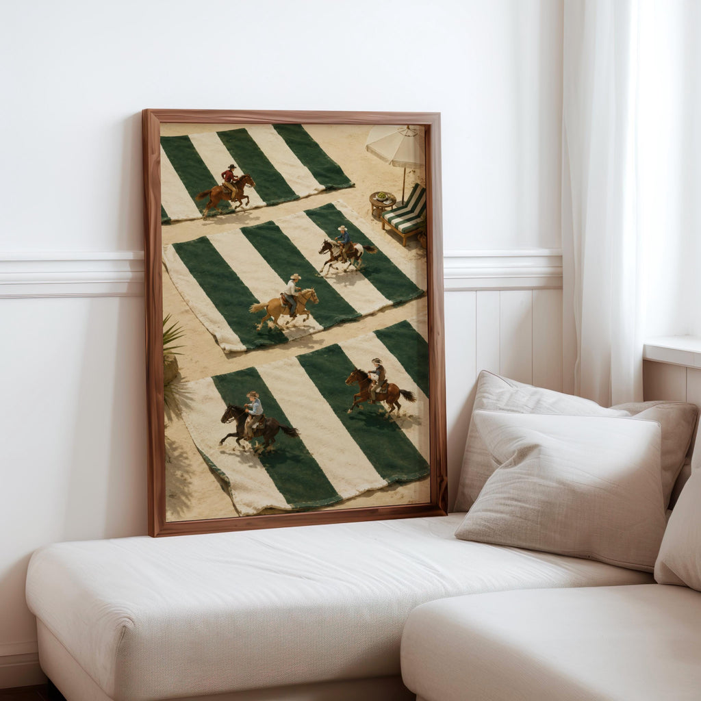 Tiny Cowboys Riding Horses Poster, Western Home Decor, Coastal Summer Style, Green and White Striped Print, Preppy Country Gift Wall Art