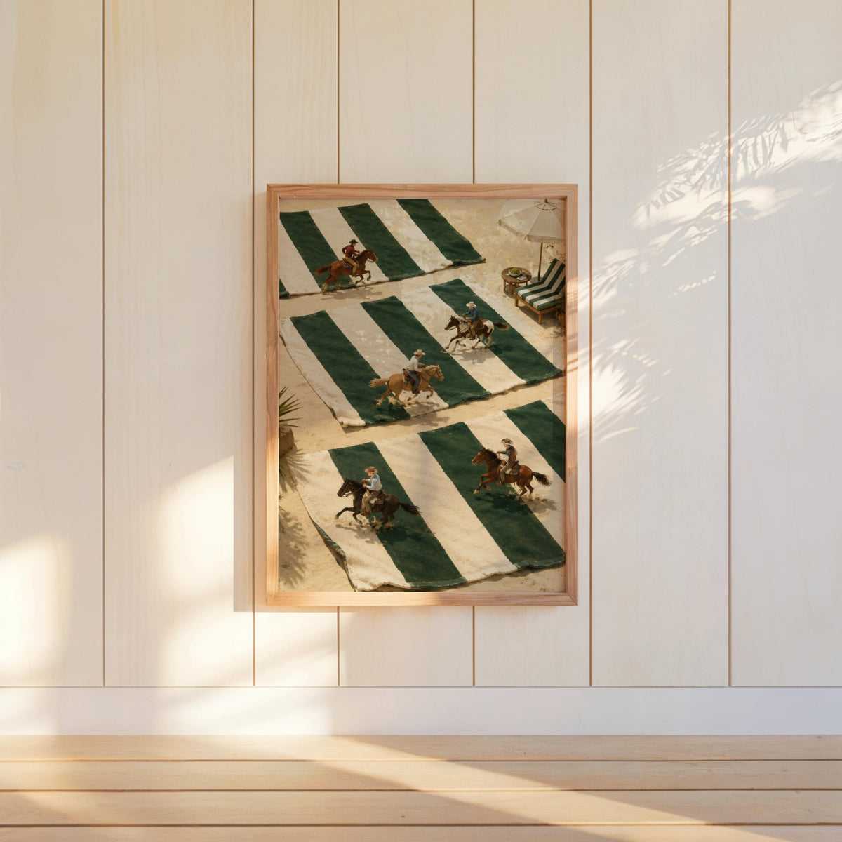 Tiny Cowboys Riding Horses Poster, Western Home Decor, Coastal Summer Style, Green and White Striped Print, Preppy Country Gift Wall Art