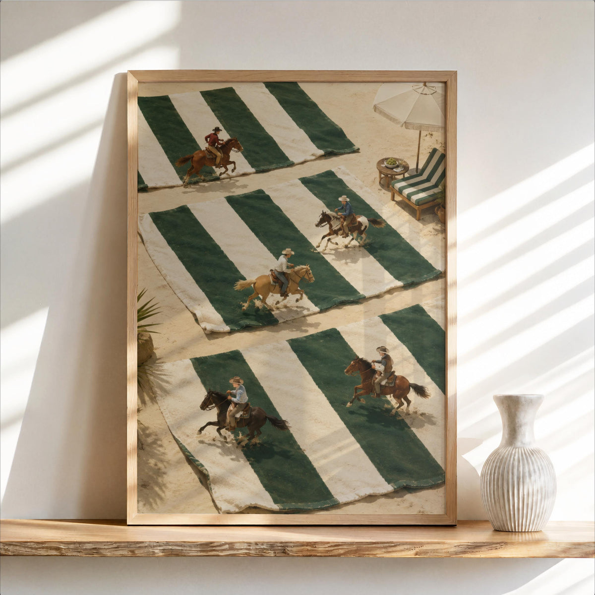 Tiny Cowboys Riding Horses Poster, Western Home Decor, Coastal Summer Style, Green and White Striped Print, Preppy Country Gift Wall Art