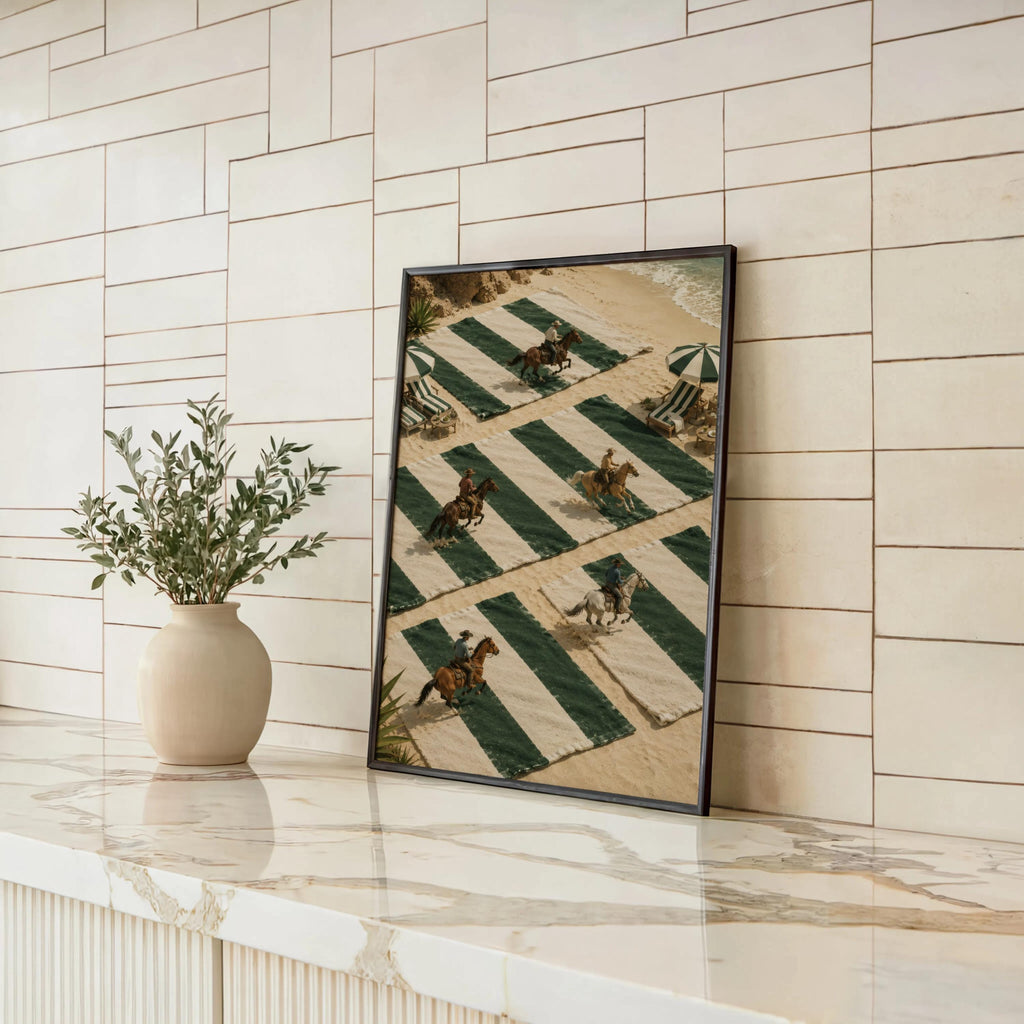 Cowboy beach wall art propped on marble counter, tiled backdrop and vase give chic coastal western wall art for horse lovers