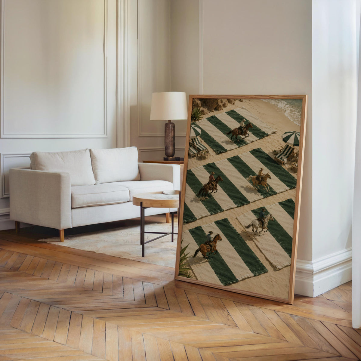 Tiny cowboy art print leaning in bright living room, miniature riders on green striped towels, equestrian wall art