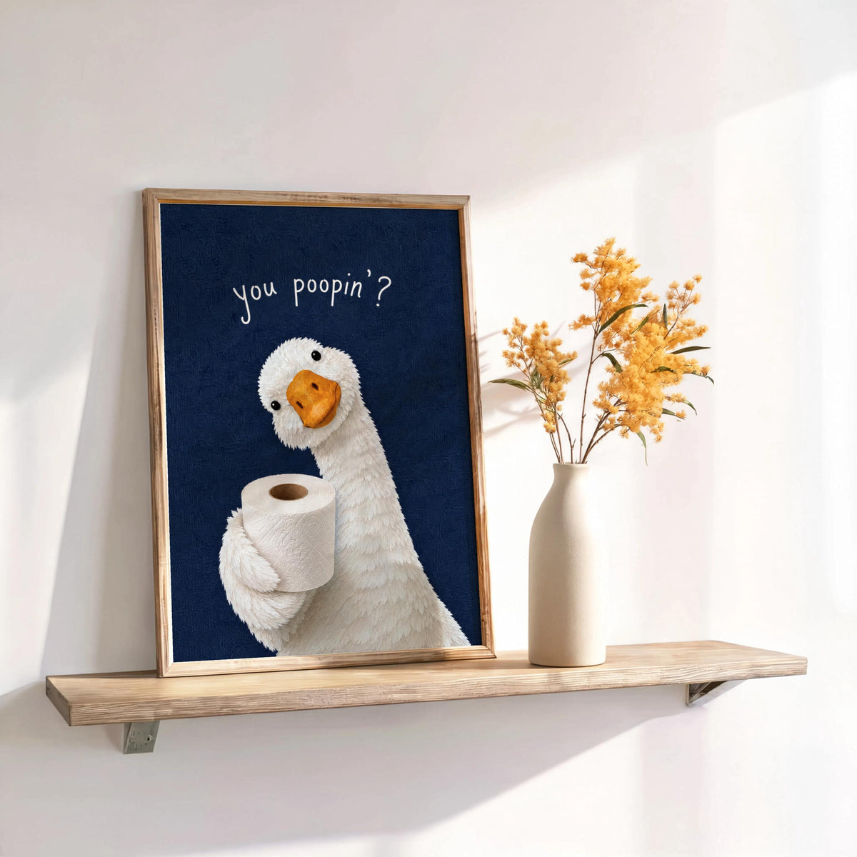 You Poopin Goose with Toilet Paper Wall Art, Funny Bathroom Decor, Quirky Cottagecore Bird Print, Humorous Geese Loo Sign