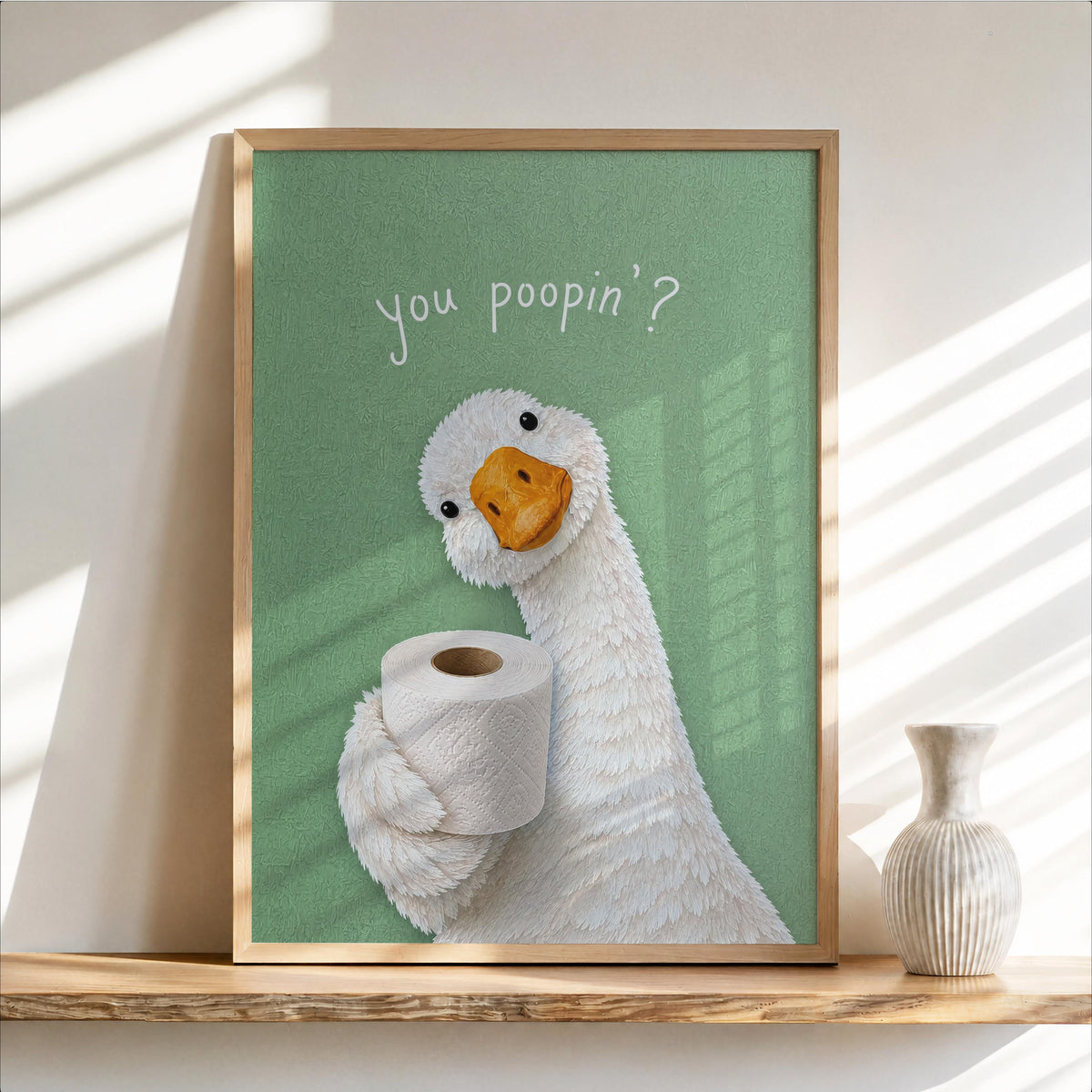 You Poopin Goose with Toilet Paper Wall Art, Funny Bathroom Decor, Quirky Cottagecore Bird Print, Humorous Geese Loo Sign