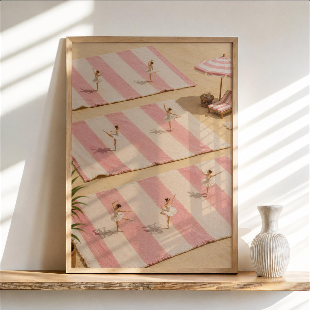 Tiny Ballerina Poster, Pink Beach Scene, Miniature Ballet Print, Coastal Decor, Whimsical Summer Art, Dance Lover Gift