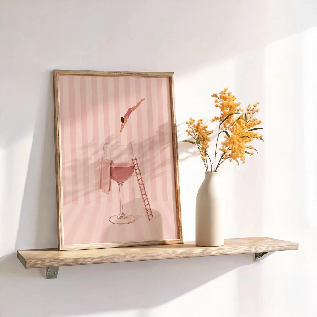 Minimal Wine Diver Art, Retro Glass of Rosé Print, White Wine Striped Poster, Stylish Bar Decor, Pink Kitchen Gift