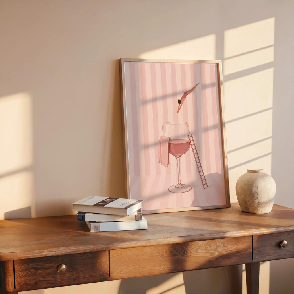 Minimal Wine Diver Art, Retro Glass of Rosé Print, White Wine Striped Poster, Stylish Bar Decor, Pink Kitchen Gift