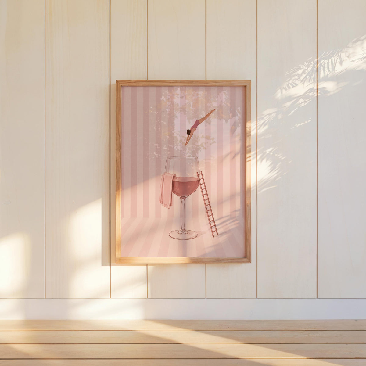 Minimal Wine Diver Art, Retro Glass of Rosé Print, White Wine Striped Poster, Stylish Bar Decor, Pink Kitchen Gift