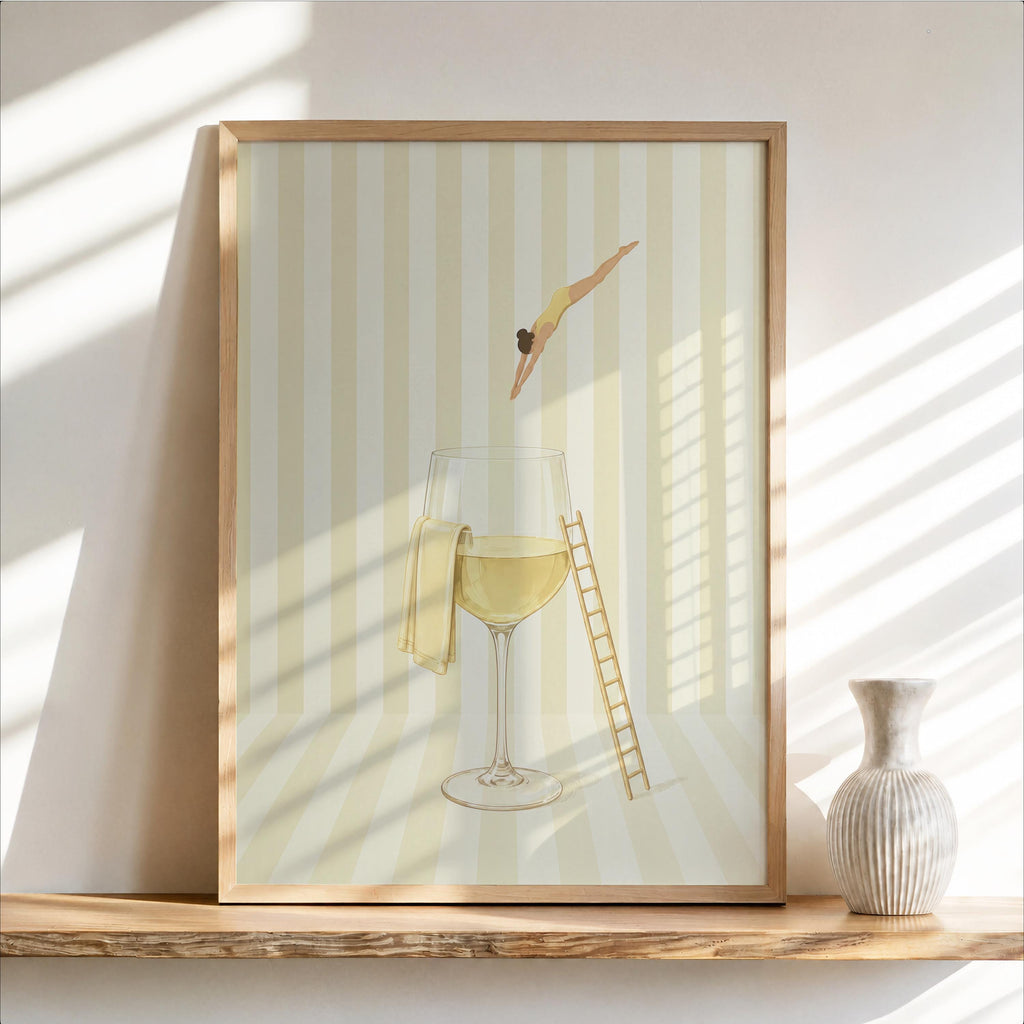 Minimal Wine Diver Art, Retro Glass of Rosé Print, White Wine Striped Poster, Stylish Bar Decor, Pink Kitchen Gift