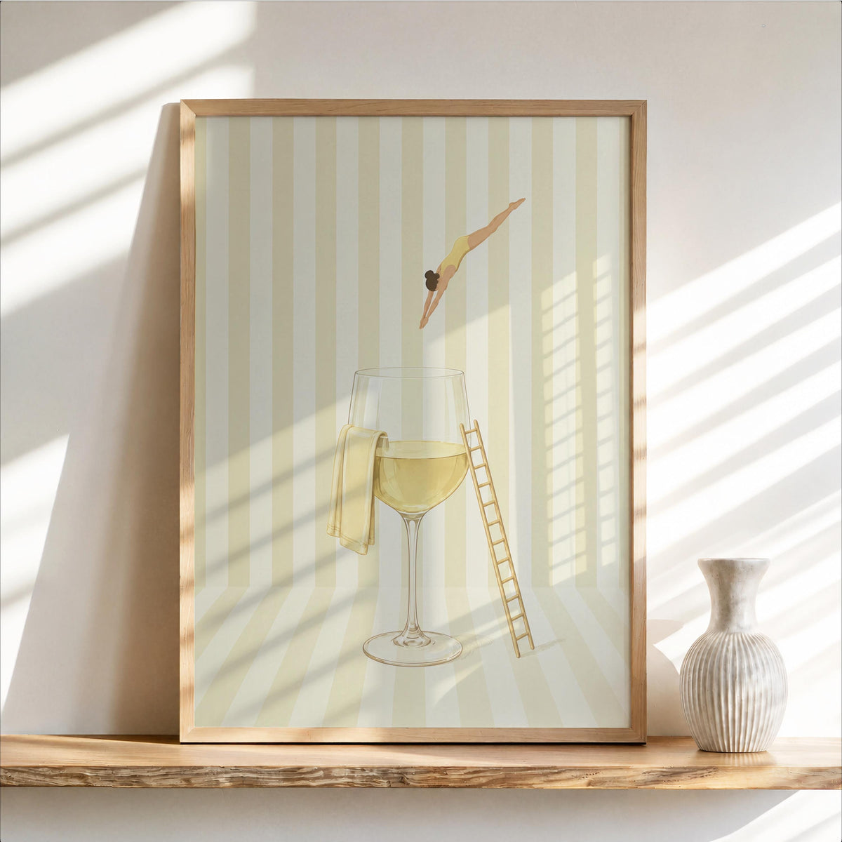 Minimal Wine Diver Art, Retro Glass of Rosé Print, White Wine Striped Poster, Stylish Bar Decor, Pink Kitchen Gift