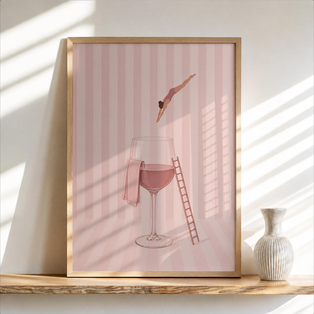 Minimal Wine Diver Art, Retro Glass of Rosé Print, White Wine Striped Poster, Stylish Bar Decor, Pink Kitchen Gift
