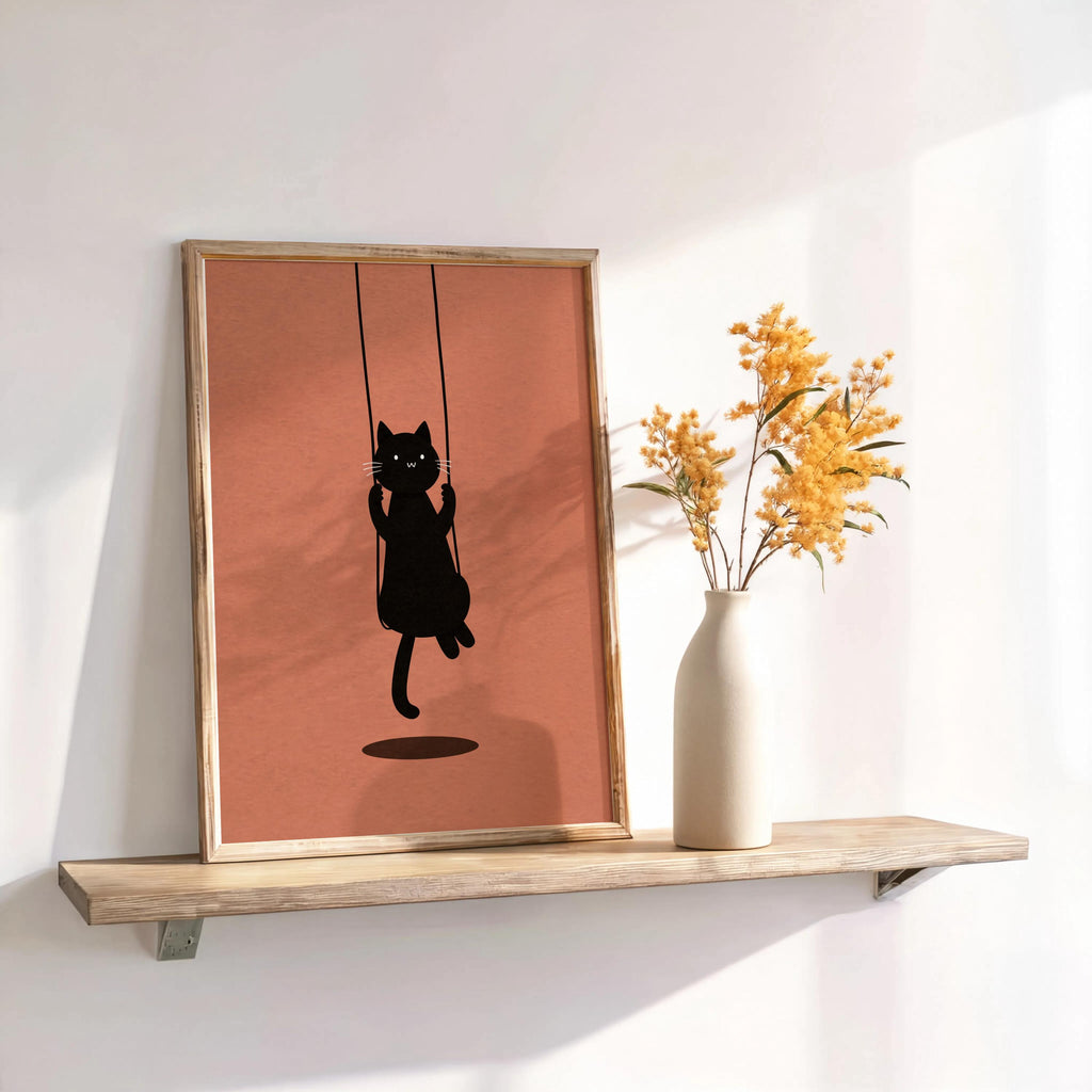 Swinging Black Cat Print, Minimal Feline Poster, Neutral Kids Room Decor, Whimsical Nursery Illustration, Cute Animal Wall Art,
