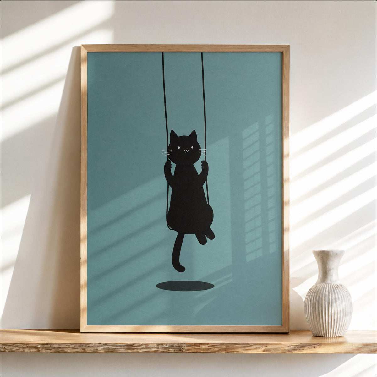 Swinging Black Cat Print, Minimal Feline Poster, Neutral Kids Room Decor, Whimsical Nursery Illustration, Cute Animal Wall Art,