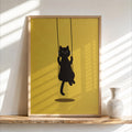 Swinging Black Cat Print, Minimal Feline Poster, Neutral Kids Room Decor, Whimsical Nursery Illustration, Cute Animal Wall Art,