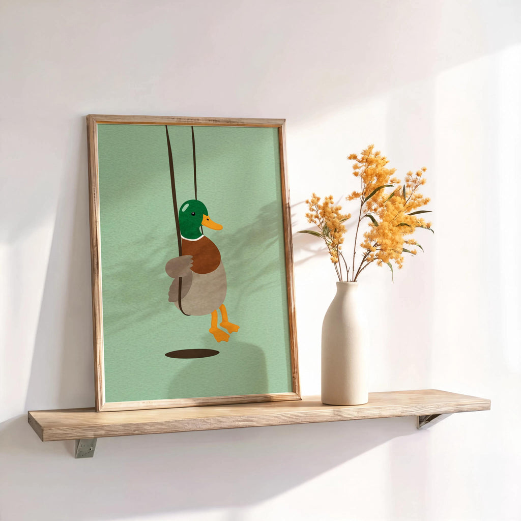 Cute Duck Swinging Print, Minimalist Bird Poster, Soft Mallard Room Decor, Whimsical Animal Art, Kids Bedroom Accent, Farm & Nature Gift