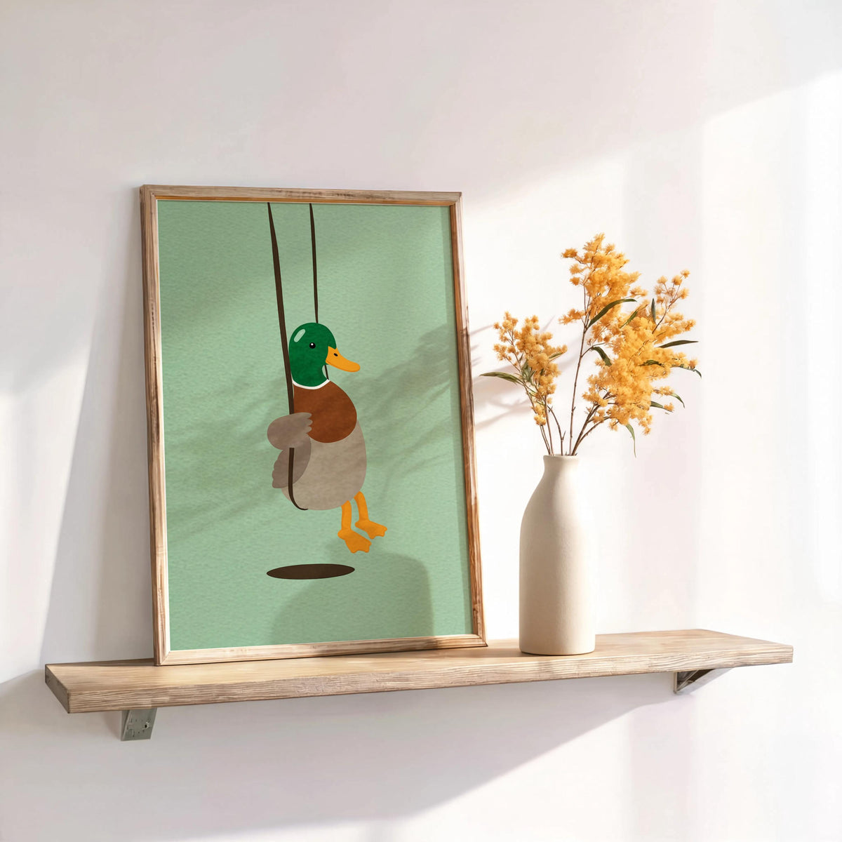 Cute Duck Swinging Print, Minimalist Bird Poster, Soft Mallard Room Decor, Whimsical Animal Art, Kids Bedroom Accent, Farm & Nature Gift