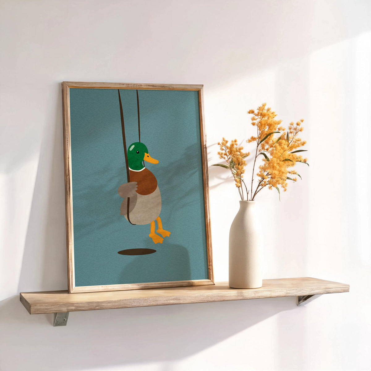 Cute Duck Swinging Print, Minimalist Bird Poster, Soft Mallard Room Decor, Whimsical Animal Art, Kids Bedroom Accent, Farm & Nature Gift