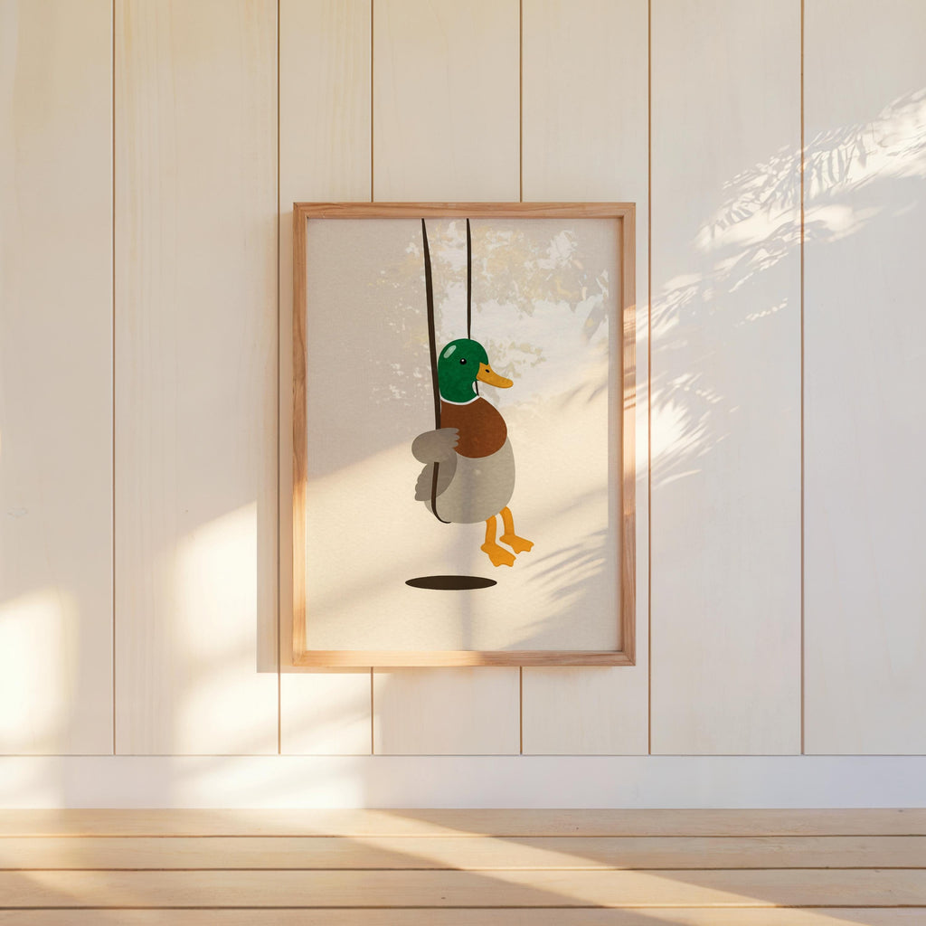 Cute Duck Swinging Print, Minimalist Bird Poster, Soft Mallard Room Decor, Whimsical Animal Art, Kids Bedroom Accent, Farm & Nature Gift