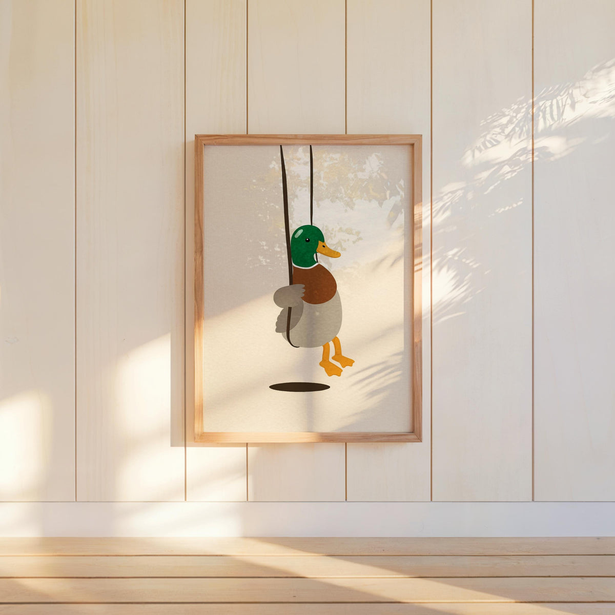 Cute Duck Swinging Print, Minimalist Bird Poster, Soft Mallard Room Decor, Whimsical Animal Art, Kids Bedroom Accent, Farm & Nature Gift