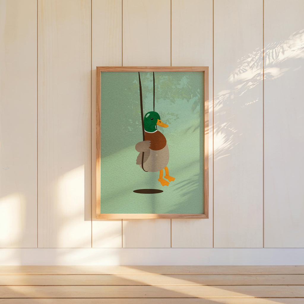 Cute Duck Swinging Print, Minimalist Bird Poster, Soft Mallard Room Decor, Whimsical Animal Art, Kids Bedroom Accent, Farm & Nature Gift