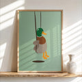 Cute Duck Swinging Print, Minimalist Bird Poster, Soft Mallard Room Decor, Whimsical Animal Art, Kids Bedroom Accent, Farm & Nature Gift