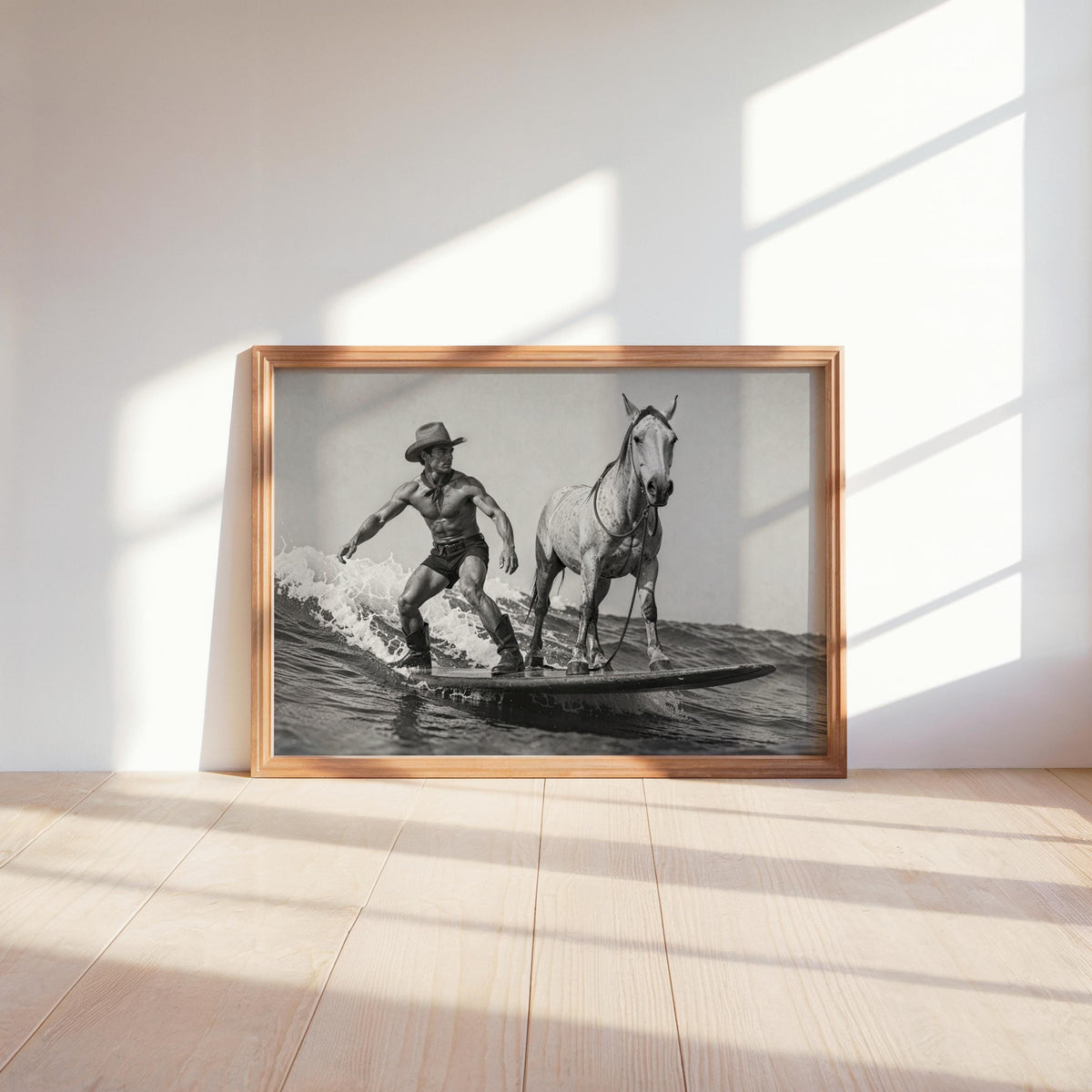 Cowboy Surfing with Horse Art Print, Western Beach Wall Decor, Vintage 1950s Surfboard Photography, Funny Black and White Coastal Poster