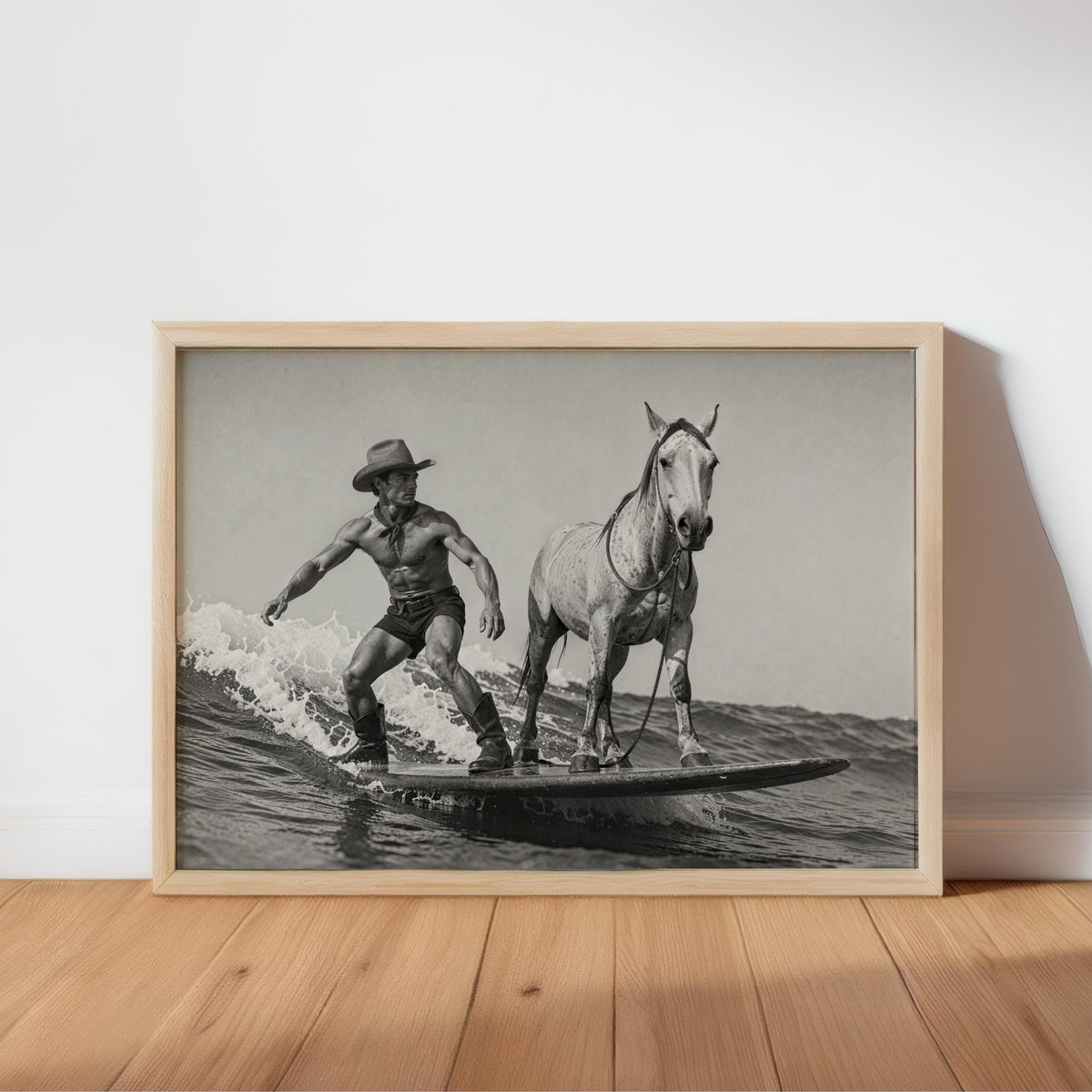Cowboy Surfing with Horse Art Print, Western Beach Wall Decor, Vintage 1950s Surfboard Photography, Funny Black and White Coastal Poster