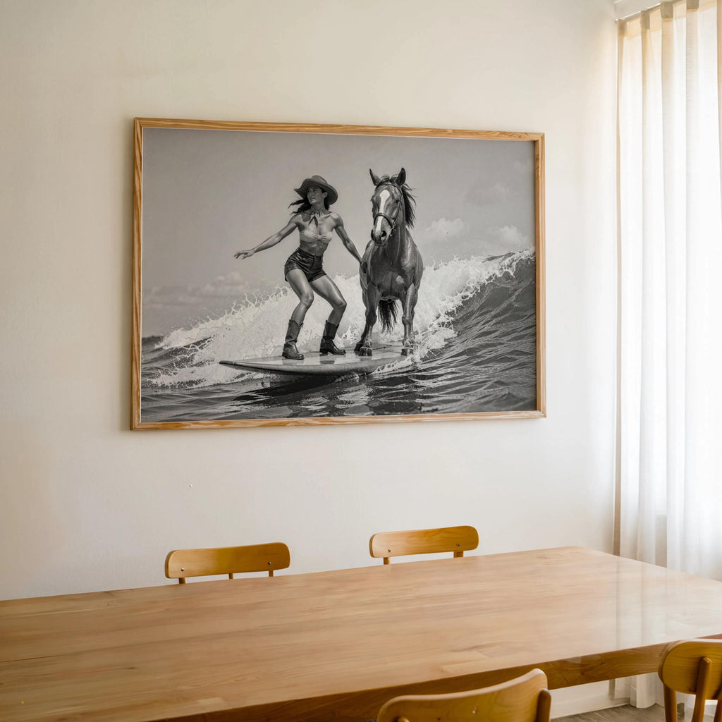 Large framed cowgirl horse wall art hanging over a dining table, ranch cowgirl decor with coastal surf energy