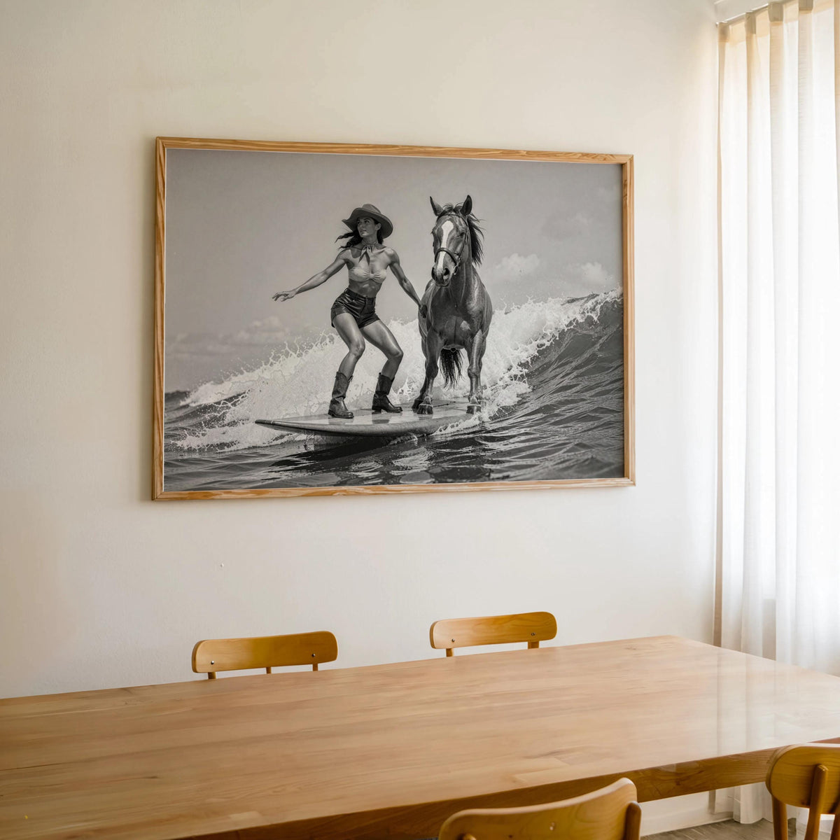 Large framed cowgirl horse wall art hanging over a dining table, ranch cowgirl decor with coastal surf energy