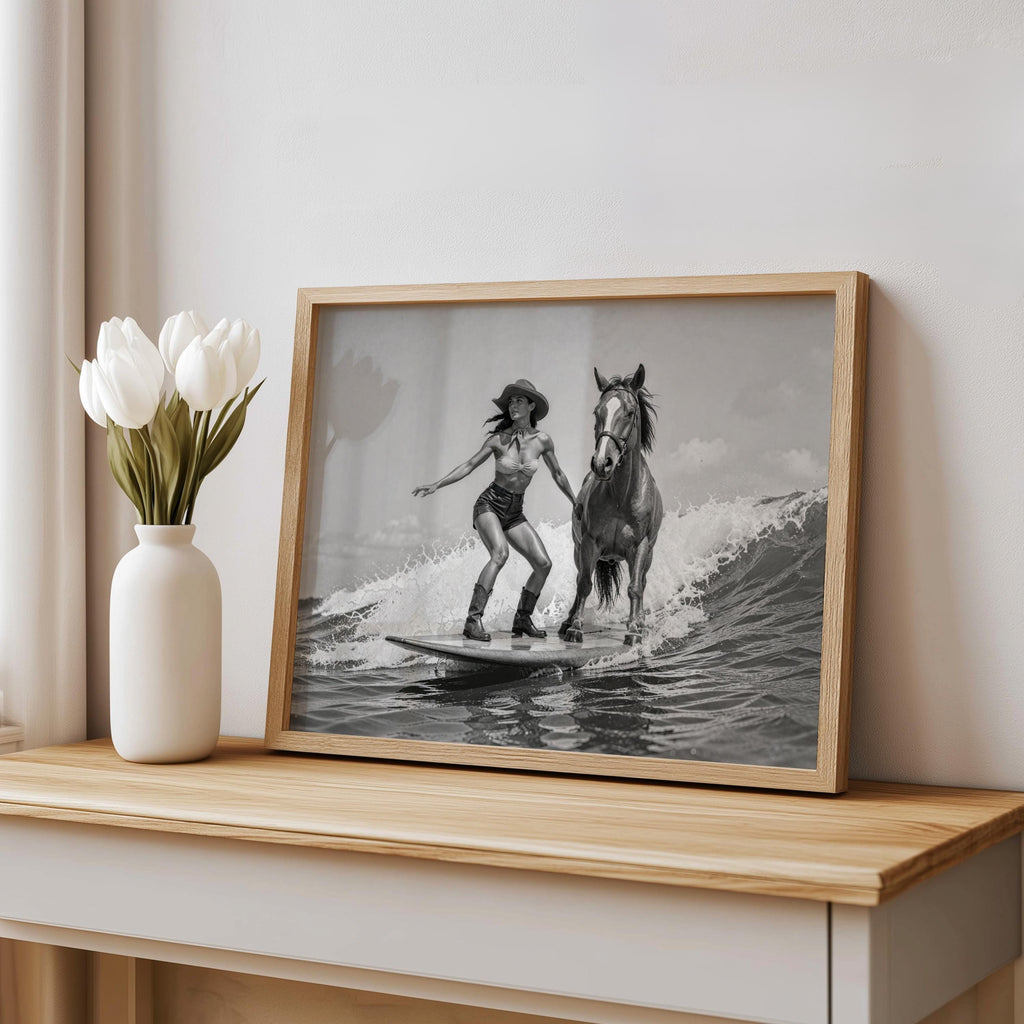 Framed cowgirl horse wall art propped beside a white vase, vintage black-and-white surfing cowgirl print